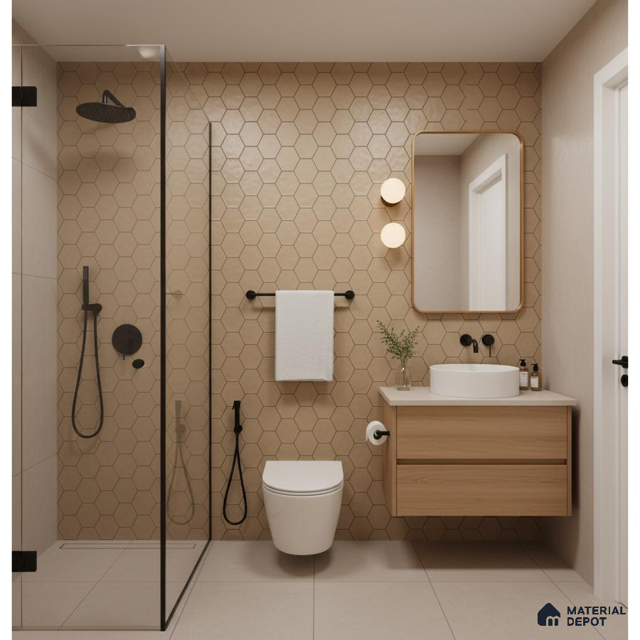 Scandinavian bathroom with beige hexagonal wall tiles and light oak floating vanity | Material Depot