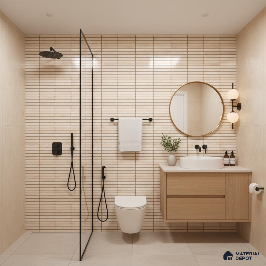 Scandinavian bathroom with beige kitkat wall tiles and light oak floating vanity | Material Depot