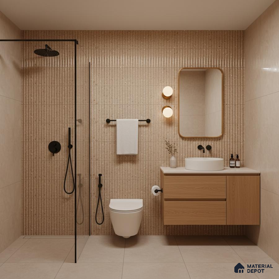 Scandinavian bathroom with beige kitkat wall tiles, light wood floating vanity, and matte beige floor tiles | Material Depot