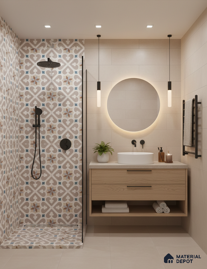 Scandinavian bathroom with beige patterned moroccan tiles, light wood floating vanity, and matte beige wall tiles in Bengaluru | Material Depot