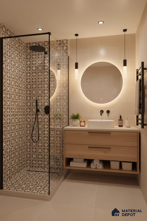 Scandinavian bathroom with beige patterned shower tiles, light wood floating vanity, and matte beige floor tiles in Bengaluru | Material Depot