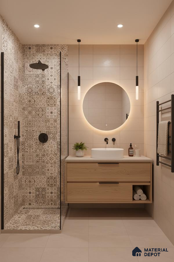 Scandinavian bathroom with beige patterned tiles, light wood floating vanity, and matte black fixtures in Bengaluru | Material Depot