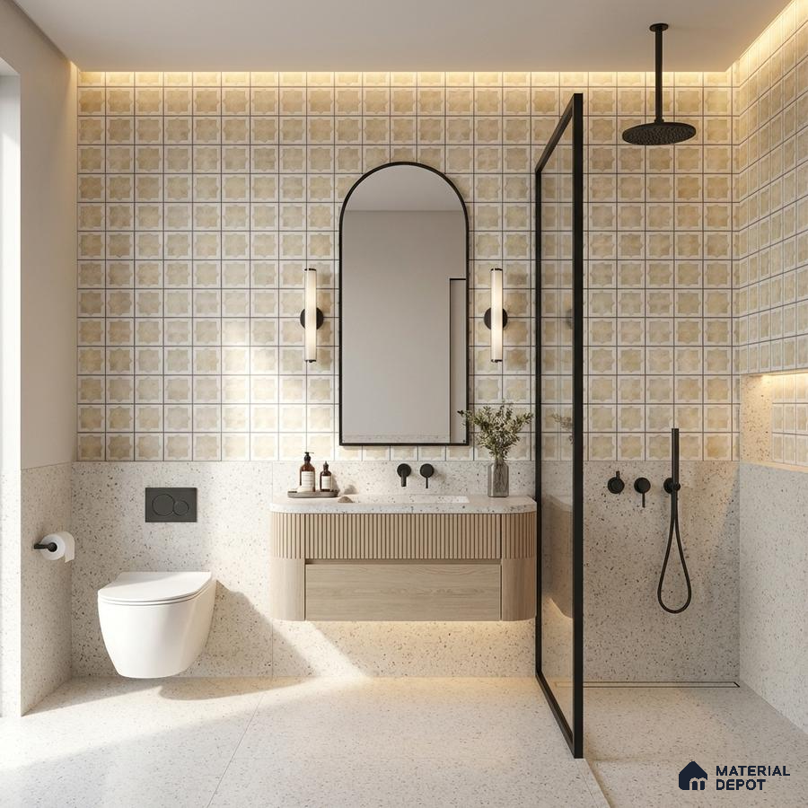 Scandinavian bathroom with beige patterned wall tiles, terrazzo floor, and fluted wood vanity