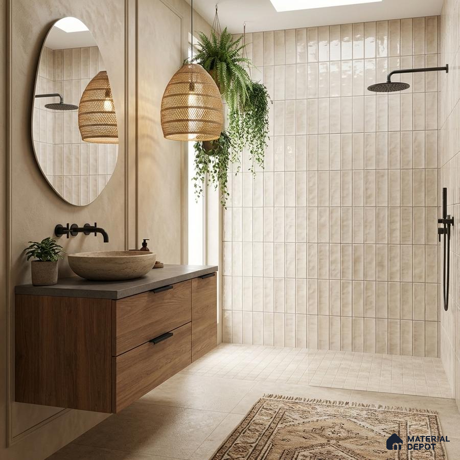 Scandinavian bathroom with beige vertical subway wall tiles and wood laminate floating vanity