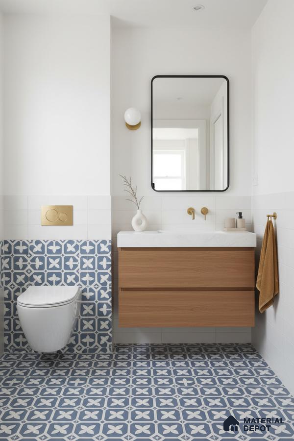 Scandinavian bathroom with blue and white geometric patterned tiles and light oak vanity in Bengaluru | Material Depot