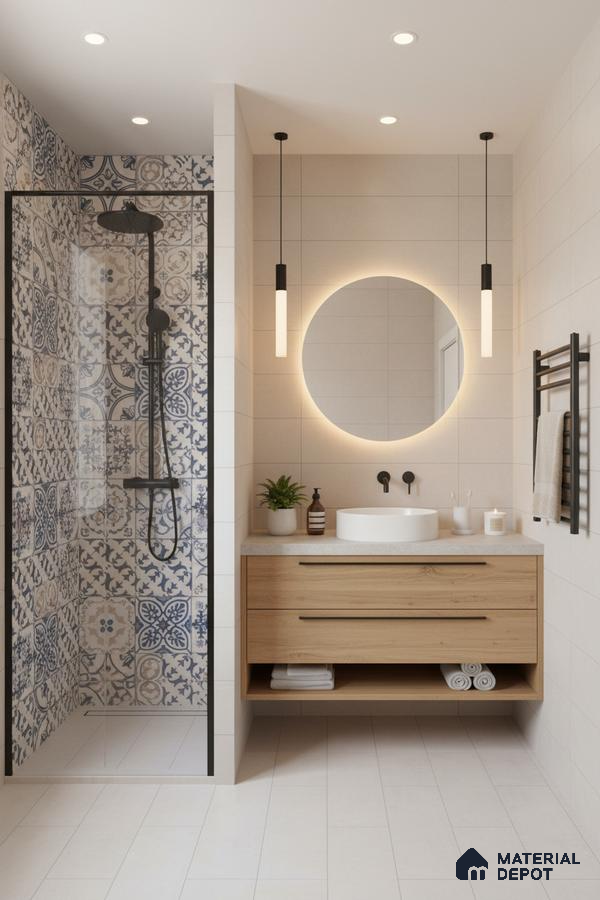 Scandinavian bathroom with blue patterned moroccan shower tiles, light wood vanity, and matte white wall tiles in Bengaluru | Material Depot