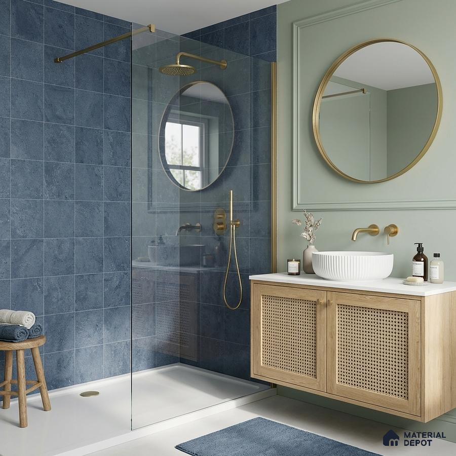 Scandinavian bathroom with blue stone wall tiles and cane-front wooden vanity