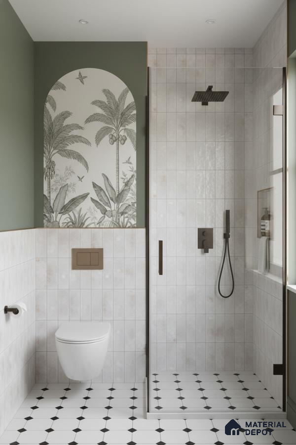 Scandinavian bathroom with botanical accent tile, white grid wall tiles, and black-and-white geometric floor tiles | Material Depot