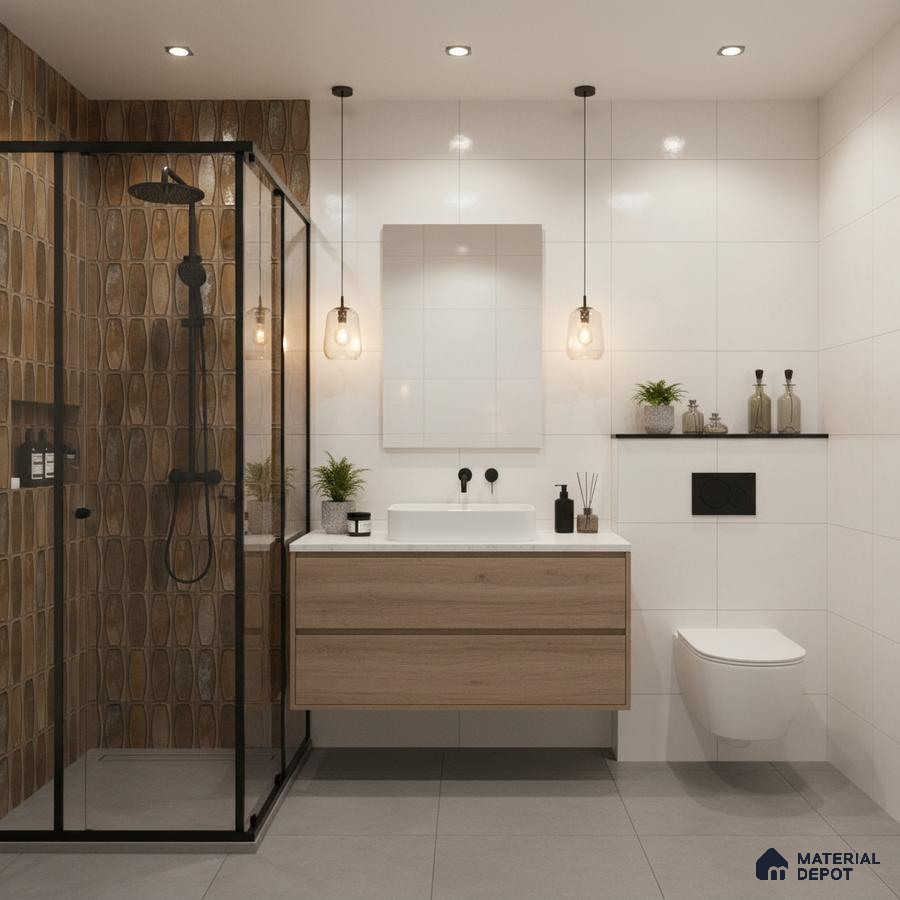 Scandinavian bathroom with brown geometric wall tiles, white wall tiles, and light oak vanity | Material Depot