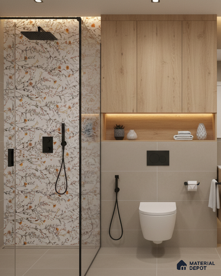 Scandinavian bathroom design with floral highlighter wall tile, beige floor tile, and light oak laminate cabinets in Bengaluru | Material Depot