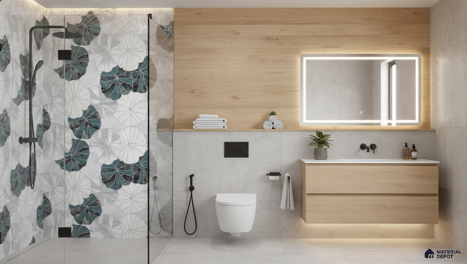 Scandinavian bathroom design with floral highlighter wall tiles, light oak wood laminate vanity, and grey stone floor tiles in Bengaluru | Material Depot