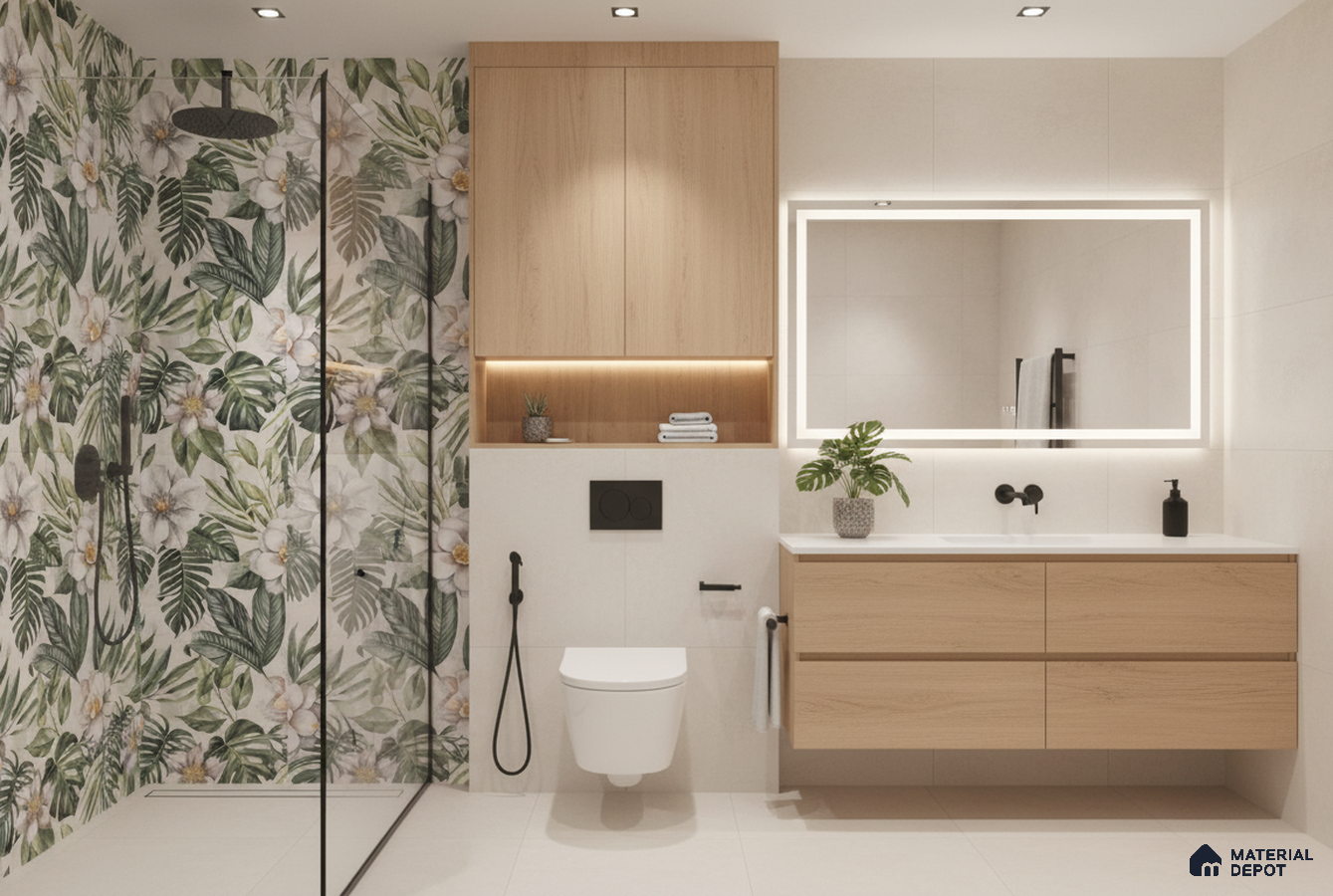 Scandinavian bathroom design with floral tropical highlighter wall tiles and light oak laminate vanity in Bengaluru | Material Depot