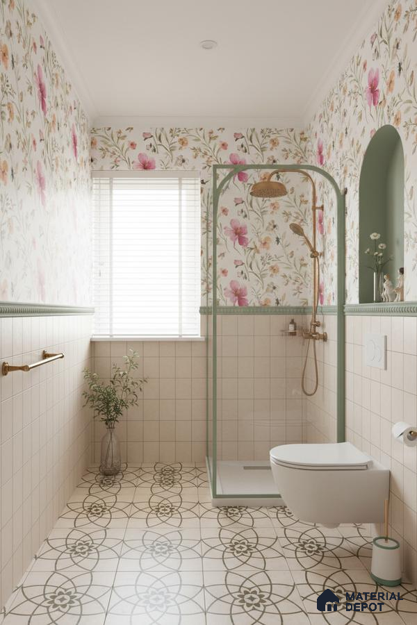 Scandinavian bathroom with floral wallpaper, beige grid wall tiles, and patterned green floor tiles in Bengaluru | Material Depot