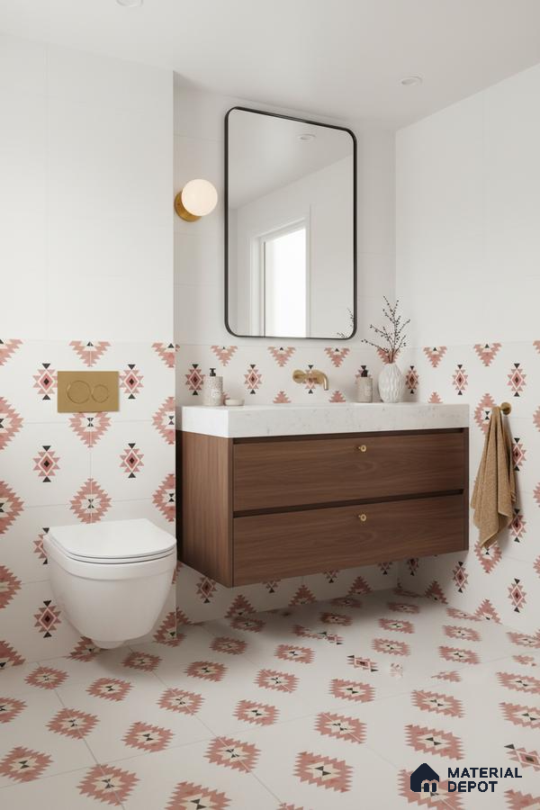 Scandinavian bathroom with geometric patterned tiles and walnut wood vanity in Bengaluru | Material Depot
