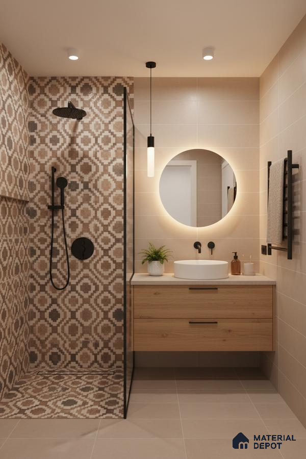 Scandinavian bathroom with geometric patterned tiles, beige wall tiles, and light oak vanity in Bengaluru | Material Depot