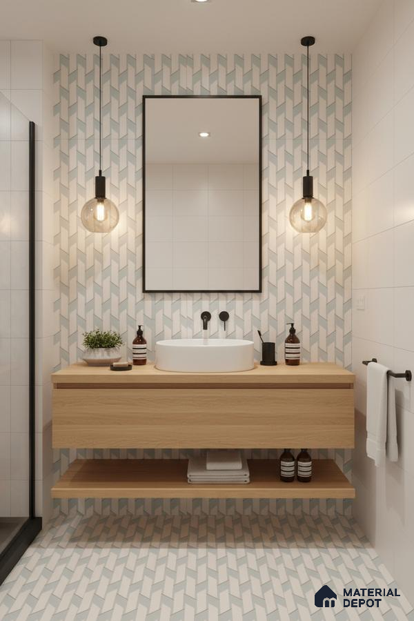 Scandinavian bathroom with geometric patterned wall and floor tiles and light oak floating vanity in Bengaluru | Material Depot