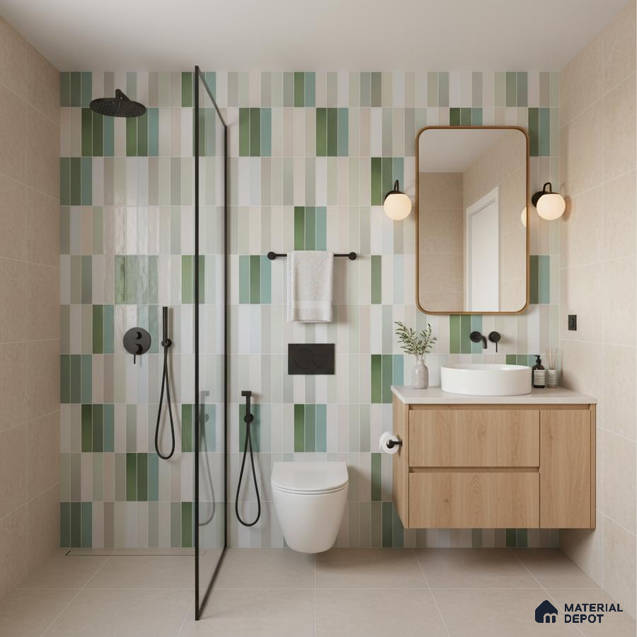Scandinavian bathroom with green and beige vertical subway wall tiles and light oak floating vanity | Material Depot