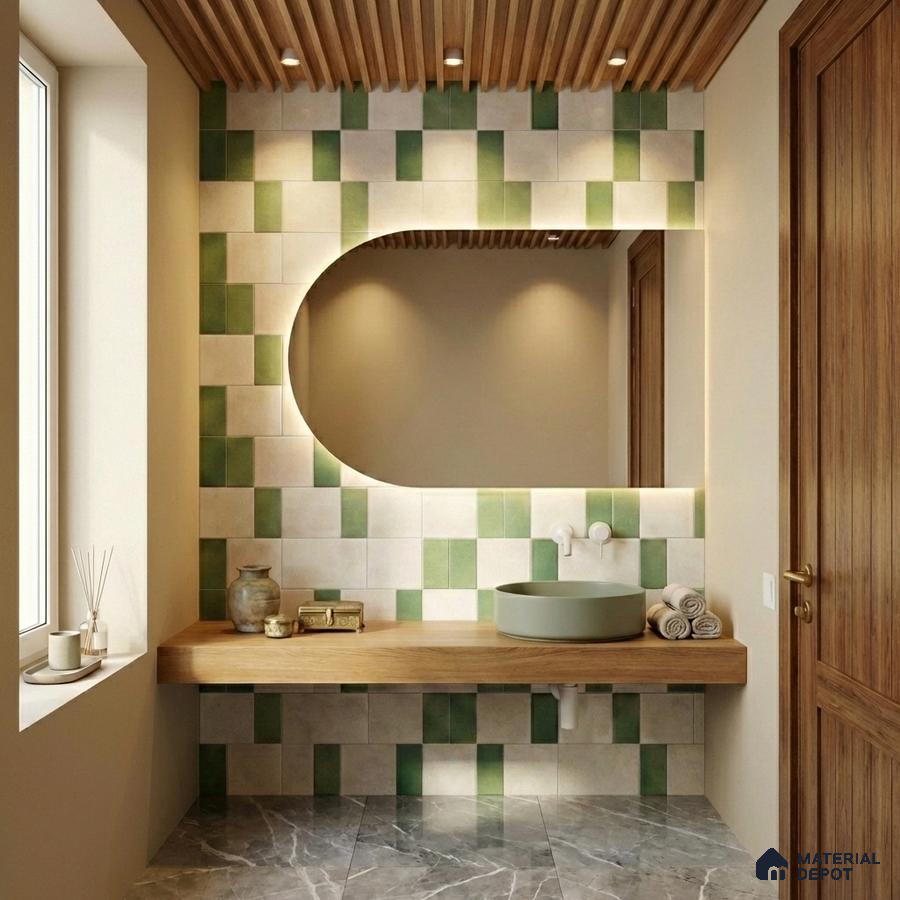 Scandinavian bathroom with green and white patterned wall tiles, wooden countertop, and grey marble floor tiles