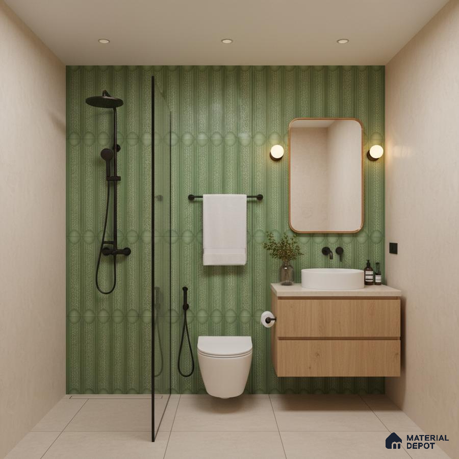 Scandinavian bathroom with green fluted wall tiles and light wood floating vanity | Material Depot