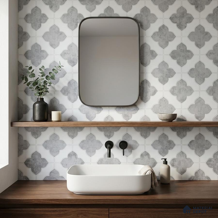 Scandinavian bathroom with grey patterned wall tiles and walnut wood vanity