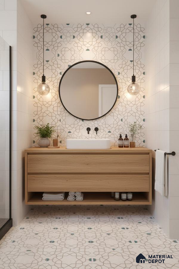 Scandinavian bathroom with oak wood vanity and geometric patterned wall and floor tiles in Bengaluru | Material Depot