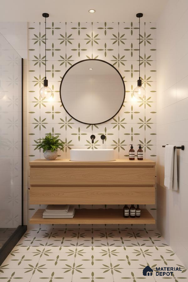 Scandinavian bathroom with olive green floral patterned tiles and light oak floating vanity in Bengaluru | Material Depot