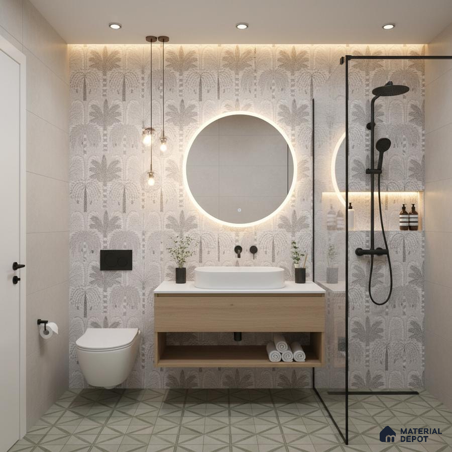 Scandinavian bathroom design with palm patterned wall tiles, light wood vanity, and geometric green floor tiles in Bengaluru | Material Depot
