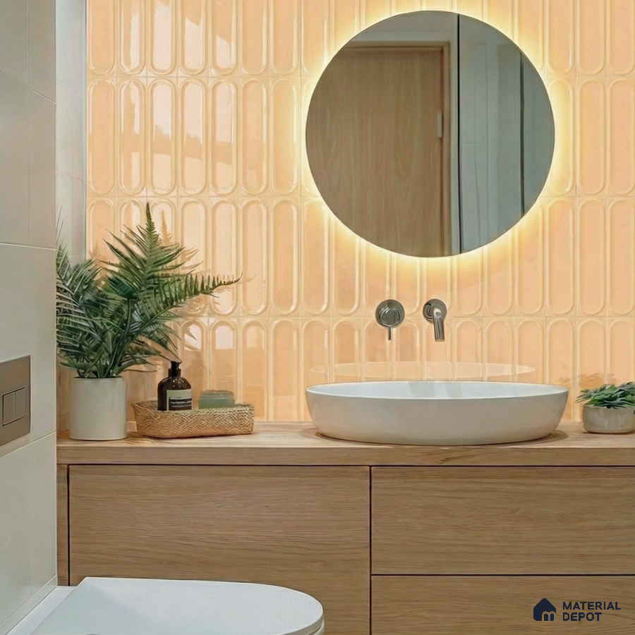 Scandinavian bathroom with peach glossy kitkat wall tiles and light oak wood vanity