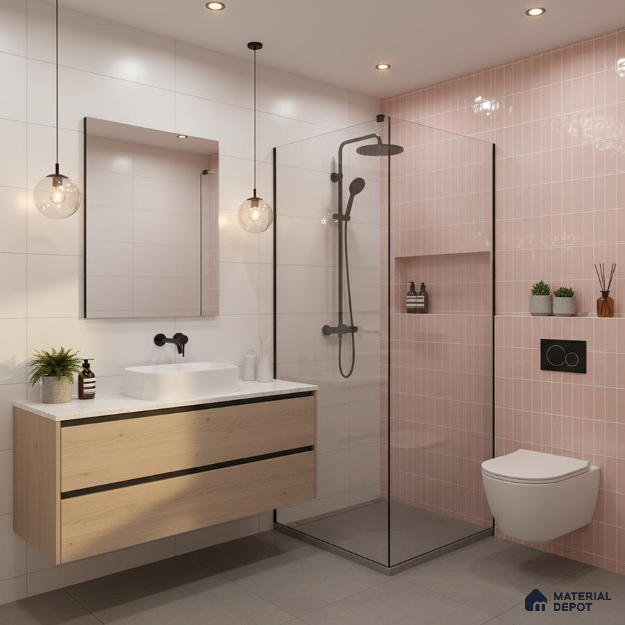 Scandinavian bathroom with pink kitkat wall tiles, white wall tiles, and light oak floating vanity | Material Depot