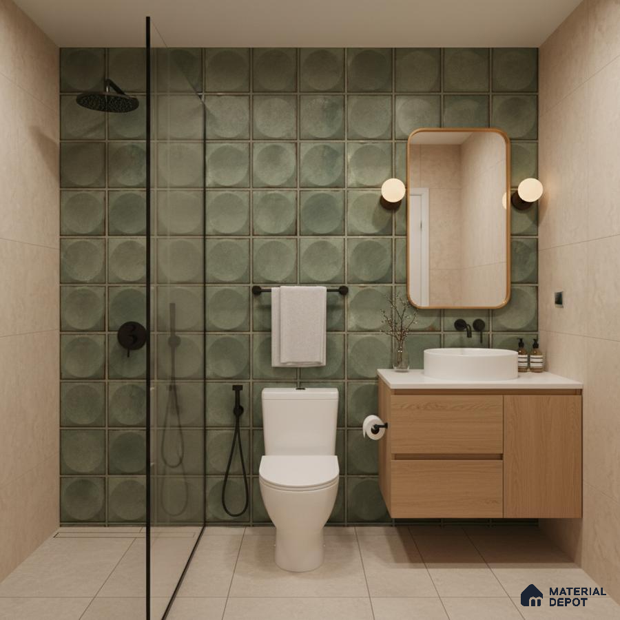 Scandinavian bathroom with sage green circle pattern wall tiles, beige floor tiles, and light oak vanity | Material Depot