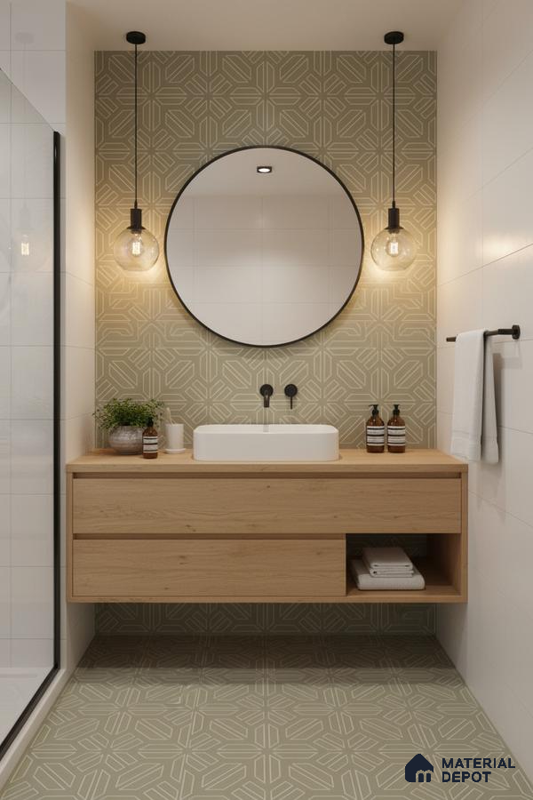 Scandinavian bathroom with sage green geometric tiles and light oak floating vanity in Bengaluru | Material Depot