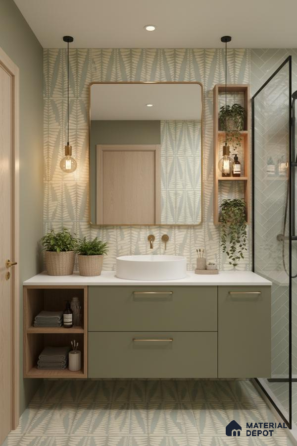 Scandinavian bathroom with sage green laminate vanity, fern patterned tiles, and white countertop in Bengaluru | Material Depot