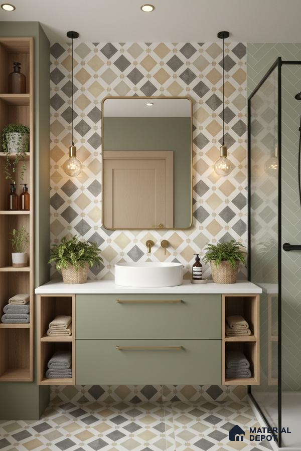 Scandinavian bathroom with sage green laminate vanity, geometric patterned wall and floor tiles, and white quartz countertop in Bengaluru | Material Depot
