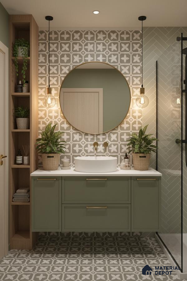 Scandinavian bathroom with sage green laminate vanity, patterned grey and white floor and wall tiles in Bengaluru | Material Depot