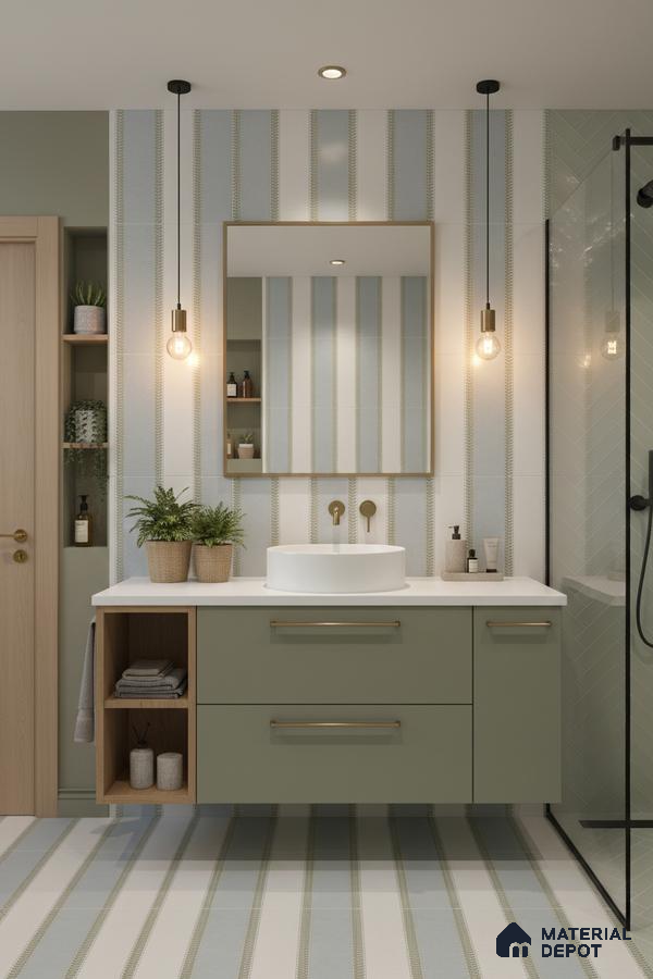 Scandinavian bathroom with sage green laminate vanity, striped wall and floor tiles, and white quartz countertop in Bengaluru | Material Depot
