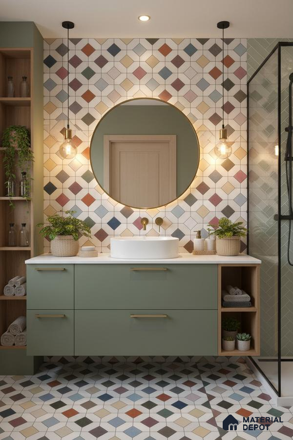 Scandinavian bathroom with sage green vanity, geometric multicolor wall and floor tiles in Bengaluru | Material Depot