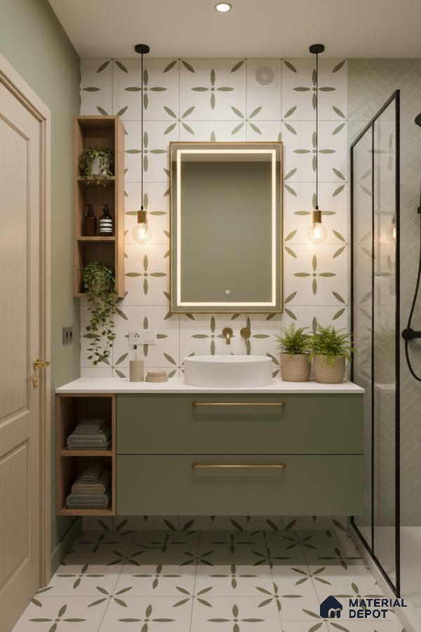 Scandinavian bathroom with sage green vanity, patterned floral tiles, and white countertop in Bengaluru | Material Depot