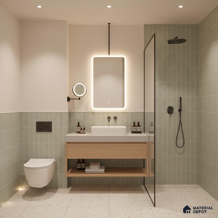 Scandinavian bathroom with sage green vertical subway wall tiles, terrazzo floor tiles, and light wood vanity | Material Depot