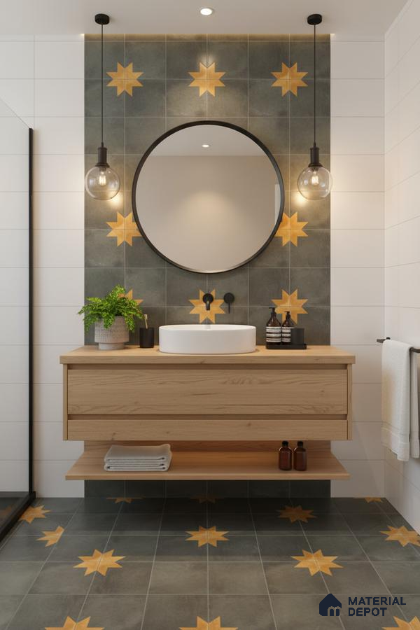 Scandinavian bathroom with star patterned grey and yellow tiles and light oak floating vanity in Bengaluru | Material Depot