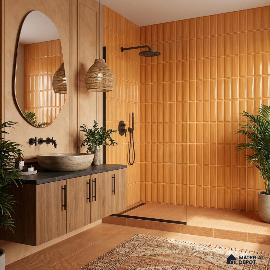 Scandinavian bathroom with terracotta kitkat wall tiles and wood laminate vanity