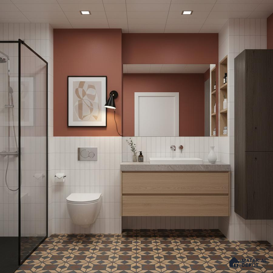 Scandinavian bathroom with terracotta wall paint, vertical white subway wall tiles, and geometric patterned floor tiles | Material Depot