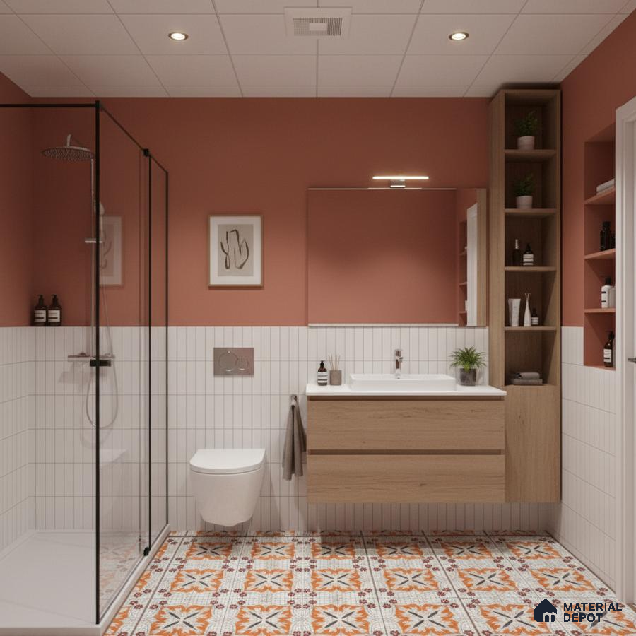 Scandinavian bathroom with terracotta wall paint, white vertical subway wall tiles, and patterned floor tiles | Material Depot