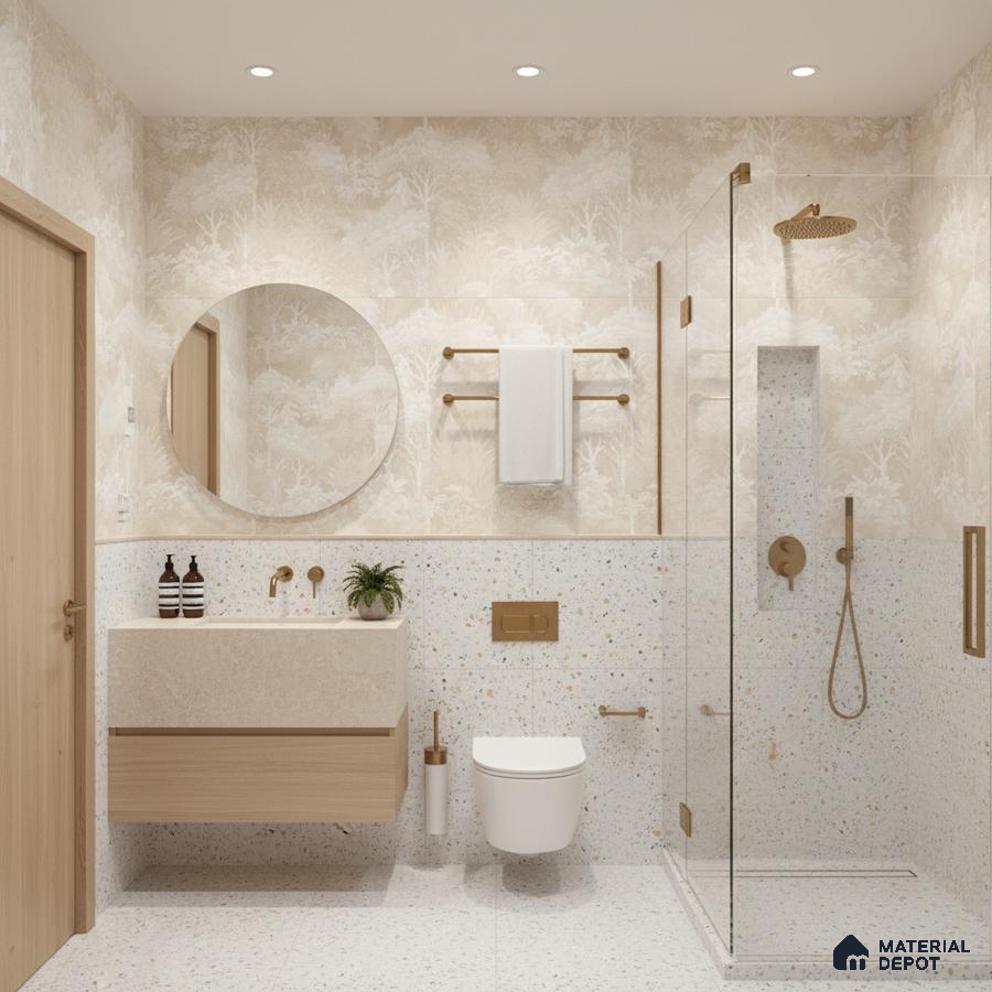 Scandinavian bathroom design with terrazzo wall and floor tiles, beige nature tile, and light wood floating vanity in Bengaluru | Material Depot