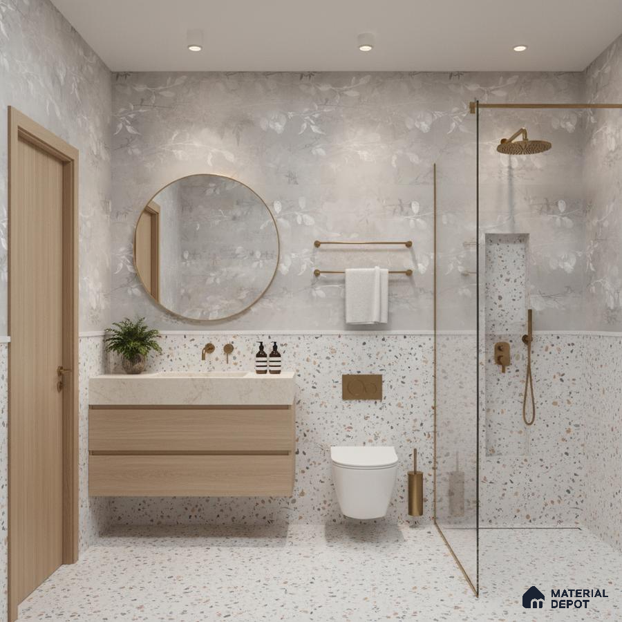 Scandinavian bathroom design with terrazzo wall and floor tiles, floral tile, and light oak vanity in Bengaluru | Material Depot