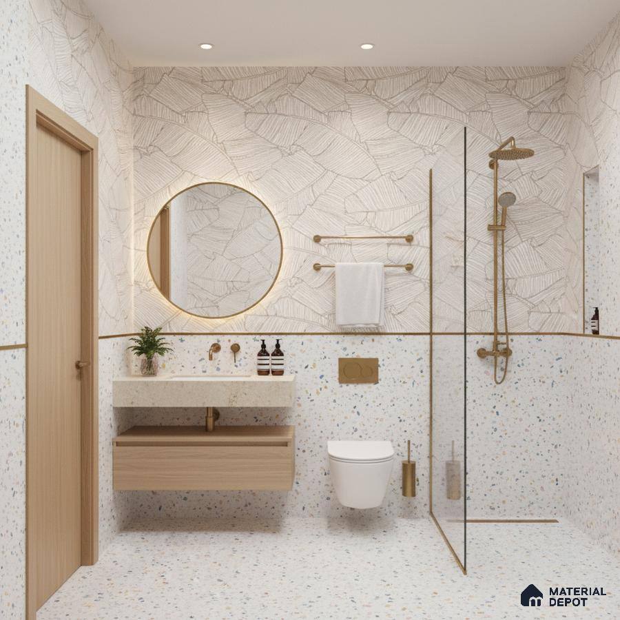 Scandinavian bathroom design with terrazzo wall and floor tiles, light wood floating vanity, and gold fixtures in Bengaluru | Material Depot
