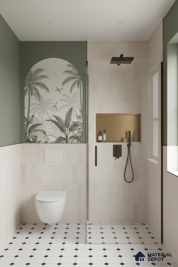 Scandinavian bathroom with tropical tile accent, beige vertical wall tiles, and black-and-white geometric floor tiles | Material Depot