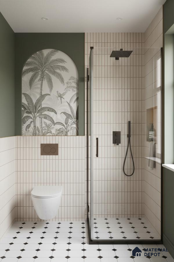 Scandinavian bathroom with vertical beige subway wall tiles, black-and-white geometric floor tiles, and tropical mural accent | Material Depot
