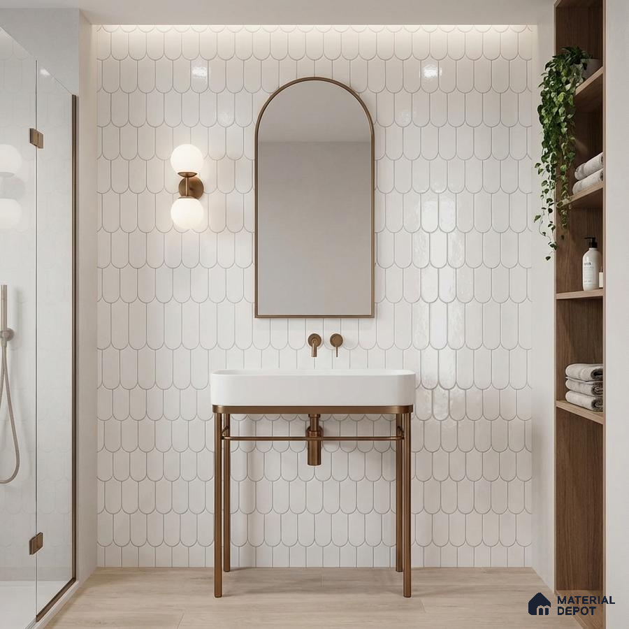 Scandinavian bathroom with white scallop wall tiles and light oak wood shelving