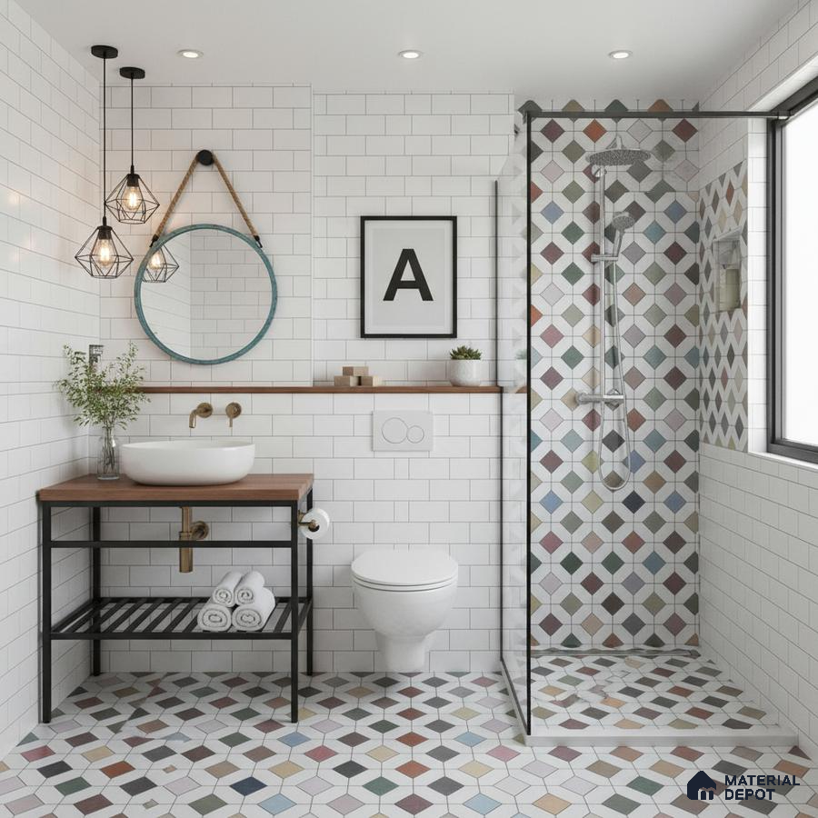 Scandinavian bathroom with white subway wall tiles and multicolor geometric patterned floor and shower tiles in Bengaluru | Material Depot