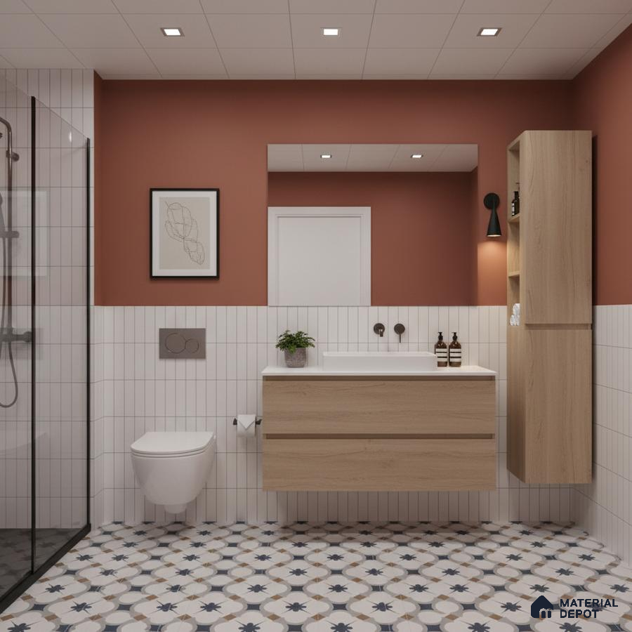 Scandinavian bathroom with white vertical subway wall tiles, oak wood vanity, and patterned geometric floor tiles | Material Depot
